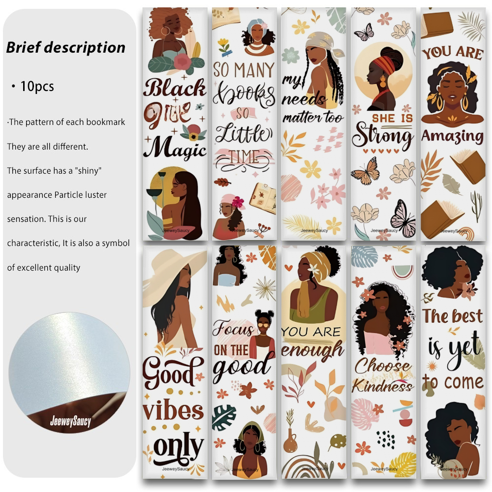 TEMU 10pcs Of Bookmarks Featuring Illustrations Of A Goddess With African Curly Hair And Vinyl Record Textures, Made From Thick Paper For . Perfect
