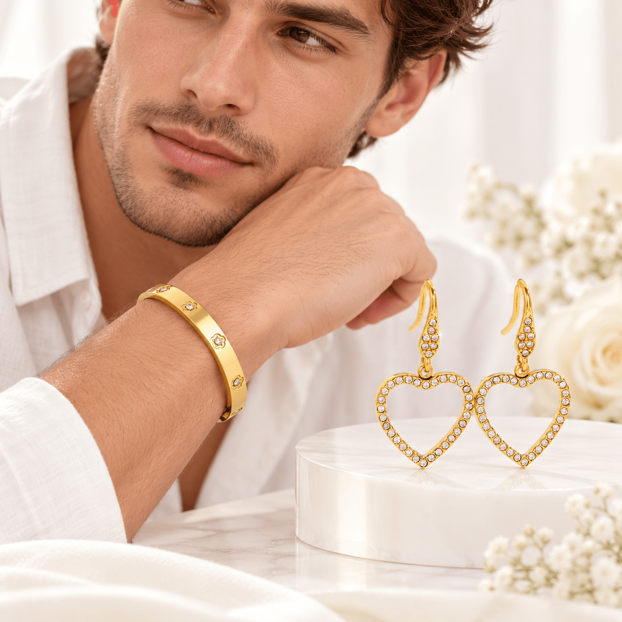 3pc 18K Gold Plated Bracelet and Earring Set, Matte Tray Design