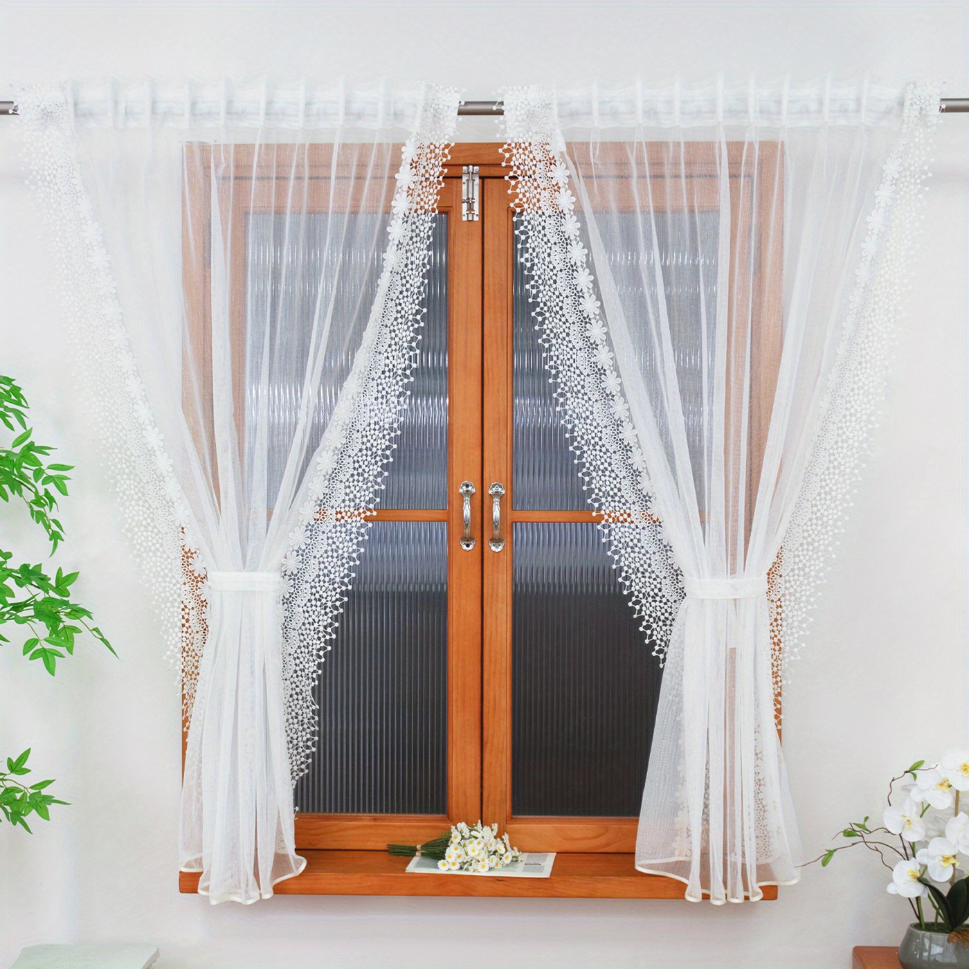 TEMU 1 Panneau de Rideau Transparent avec Bordure Brodée à Perles et Attaches, Filtre Lumière, Style Shabby Chic pour Salon ou Chambre (Blanc)