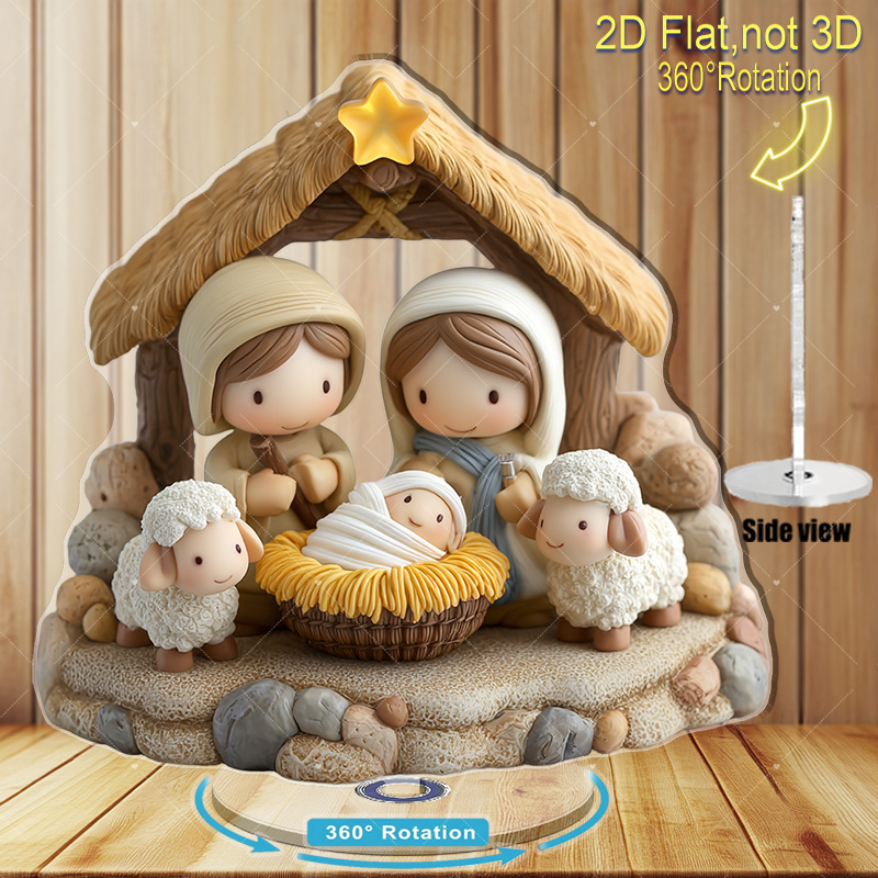TEMU 2d Rotating Acrylic Nativity Scene Ornament - 360° Rotating Mary With Sheep And Manger Display, Suitable Tabletop Decoration, Stable Setup, No ,