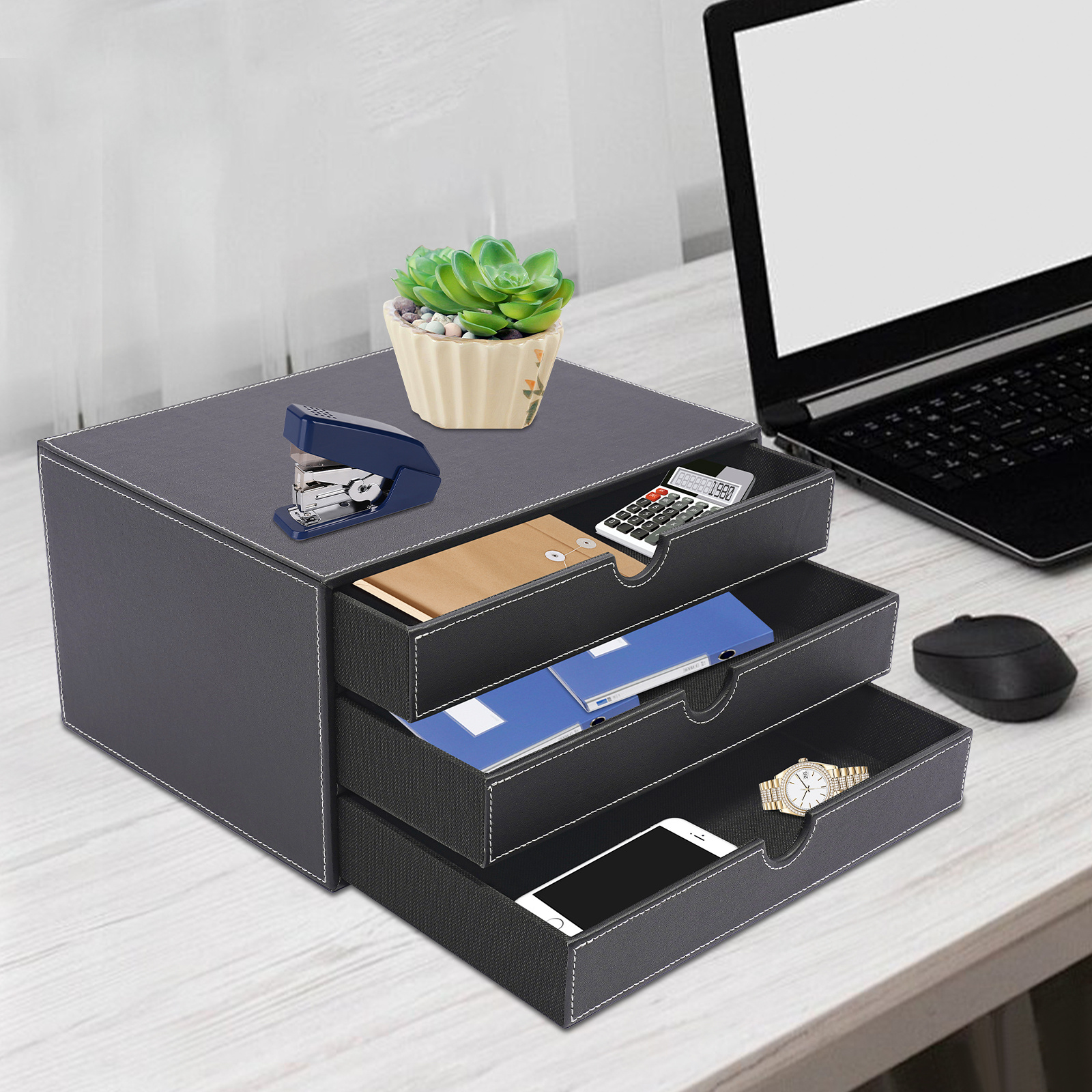 Image of Three-level File Storage Organizer In Black, Desktop Drawer Unit, Pu File Box, Document Folder