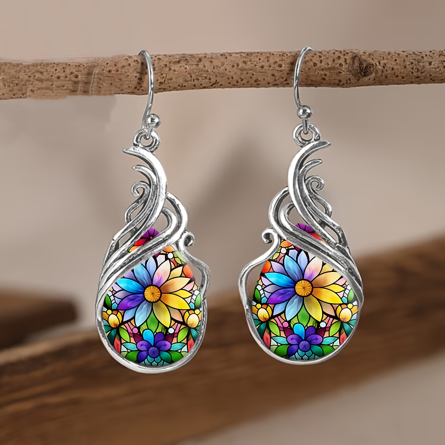 TEMU 2pcs Stained Glass Flower Earrings For - Teardrop Botanical Pendant Dangle Earrings With Colorful Glass Panels, Plant Jewelry Suitable For
