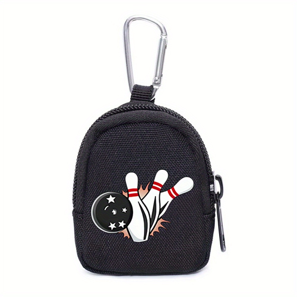 TEMU 1pc Bowling Cartoon Illustration Zipper Coin Pouch With Keychain - Black Oxford Fabric Wallet Organizer, Secure Zipper Closure, , Ideal For