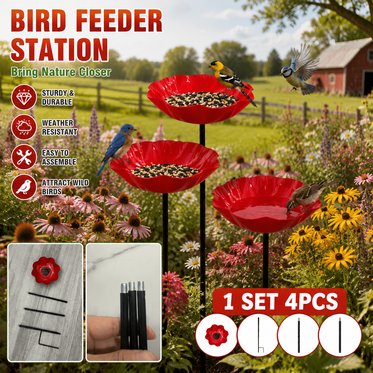 TEMU 4pcs, 3d Metal Flower Decorated Flower Pot. 1pc Bird Feeder And 3pcs Thickened Connecting Rods, Weather-resistant Wild Bird Bathing Device, Bee