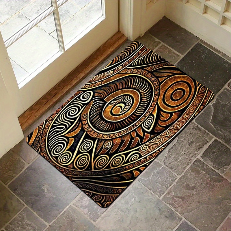 TEMU New Zealand Maori Pouvatu Pattern Koru Non-slip Mat, Machine Washable Polyester Flannel Rectangular Mat, Suitable For Bedroom, Living Room,