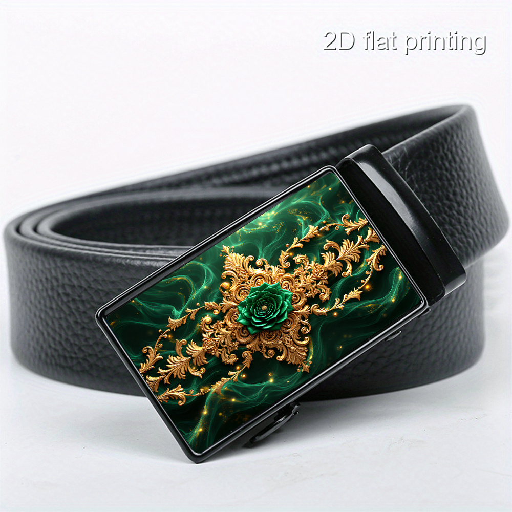 TEMU Un diseño 2D impresionante con lujosas flores doradas y encantadoras rosas verdes, cinturón exquisito de calidad es duradero y para hombres. Es