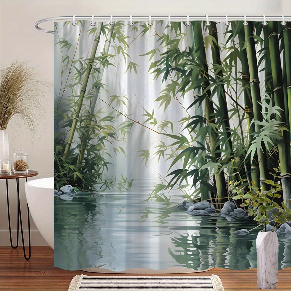 TEMU 1pc Shower Curtain, Tall Bamboo Stalks On Calm River, Misty Fog And , Nature-inspired Bathroom Decor, Ideal Moving Gift, 70.86x70.86in, 12 Hooks