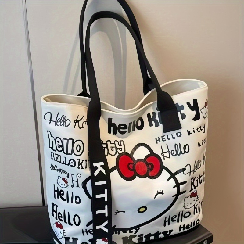 TEMU Official Hello Kitty Women's Large Capacity Tote Bag - Cute Hello Kitty Face, Bow & Hearts Design, With Heart & Bow Patterns, Sturdy Strap For