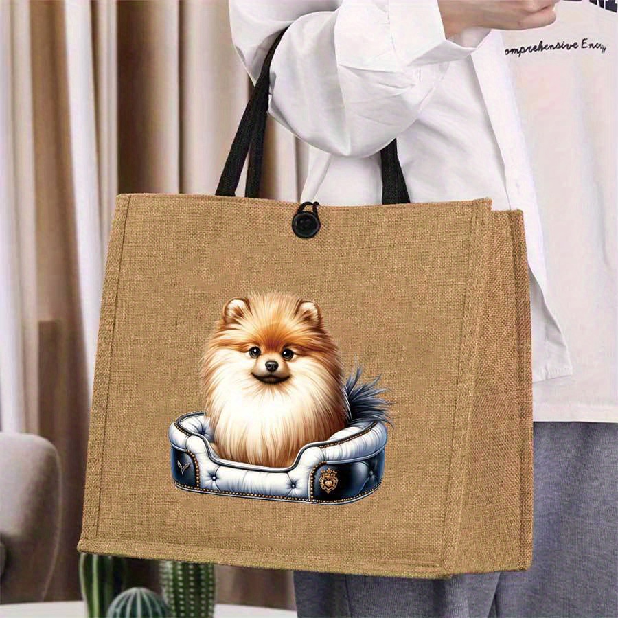TEMU Spacious Retro Style Tote Bag, Pomeranian Theme - Durable Burlap Material, Fixed Shoulder Strap, - Perfect For Books, Cameras, Lipsticks, Pens,