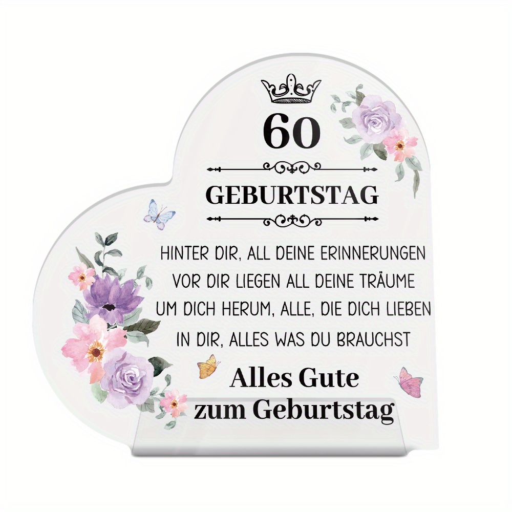 Image of 2d Flat Putuo Decor 1pc German Heart-shaped Acrylic Sign Table Decoration, 60th Birthday , All , For Your Birthday, Desktop Decoration For Home Room, Birthday Gift, Party Decorations And Supplies.