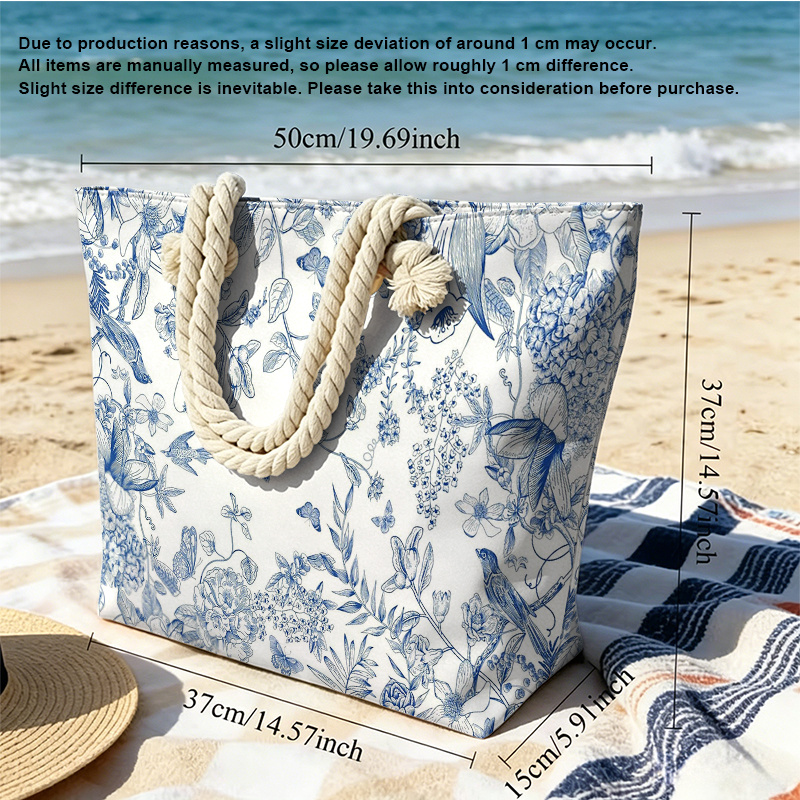 TEMU Blue And White Drawing Flowers Birds Butterflies 2d Printed Pattern And White Porcelain Large Capacity Versatile Beach Bag Tote Bag Student