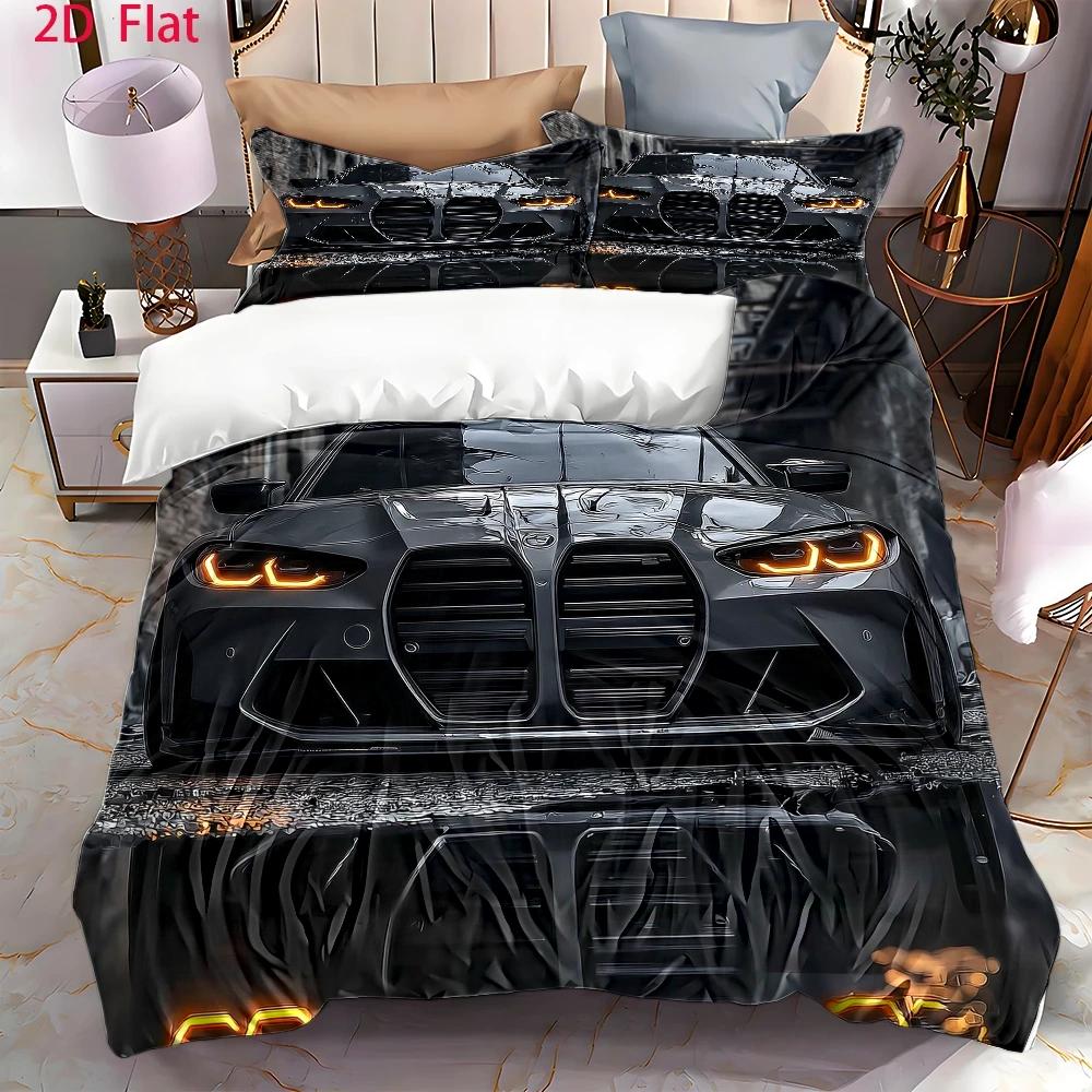 TEMU 3pcs Duvet Cover Set, 1pc Duvet Cover And 2pcs Pillowcases (filling Not Included) 2d Flat Printing, Black Sports Car Front, Style, Christmas,