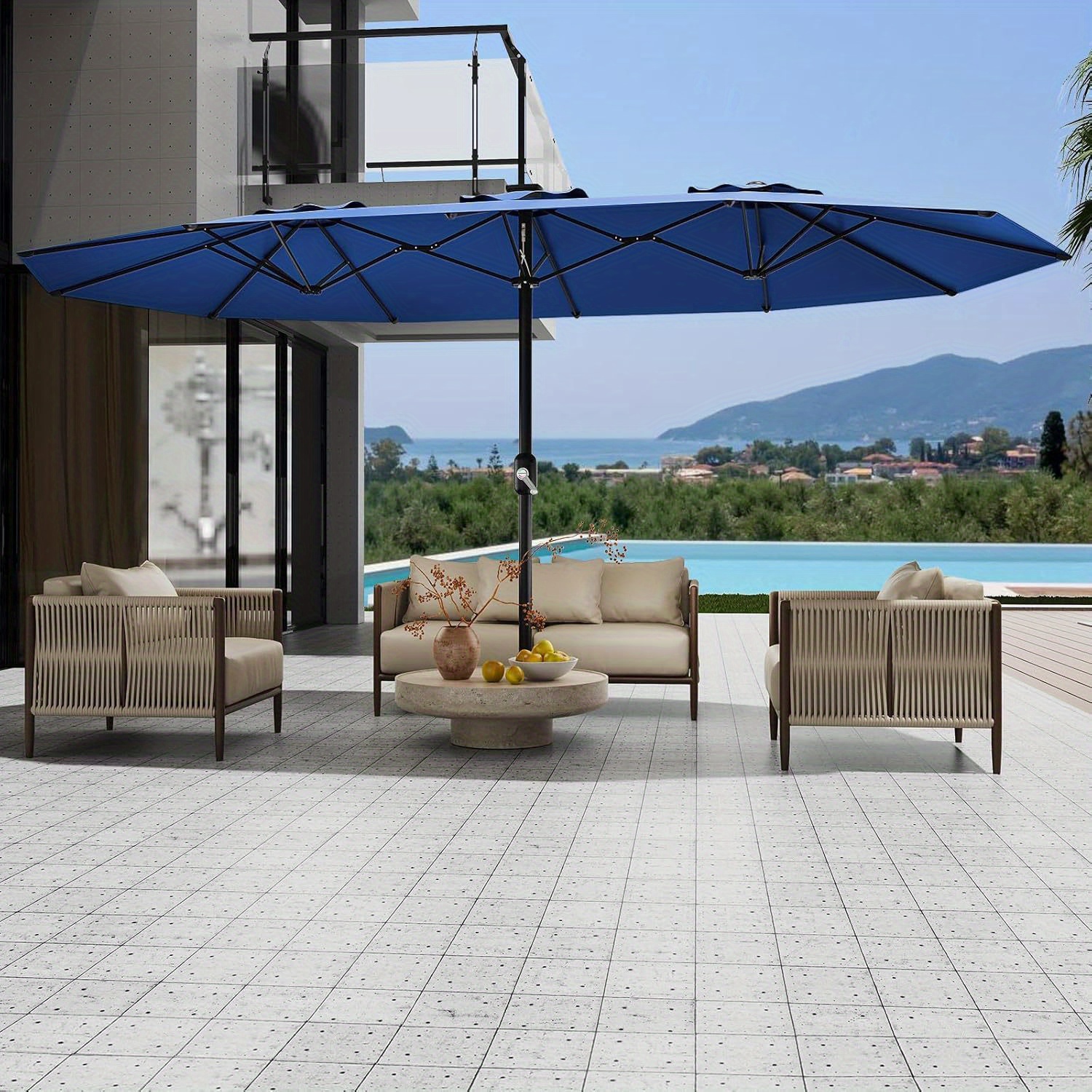 extended patio umbrella Kozyard 15 FT Rectangular Double-Sided Patio Umbrella with Solar Light   Kozyard LLC