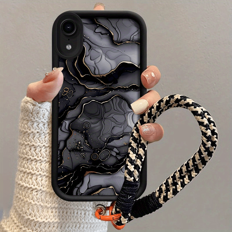 TEMU Phone Case: Black Ink Texture Phone Cases For Iphonexr Lanyard Phone Case For Men And Women. High-quality Tpu Cute Soft Hanging Rope Anti-fall