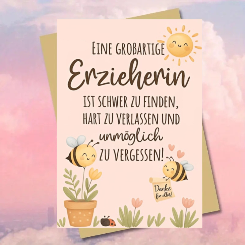 Image of 1pc Of Teacher Thank-you Card With Bee And Flower Print Background And German Message, Suitable As A Gift For Teacher's Day