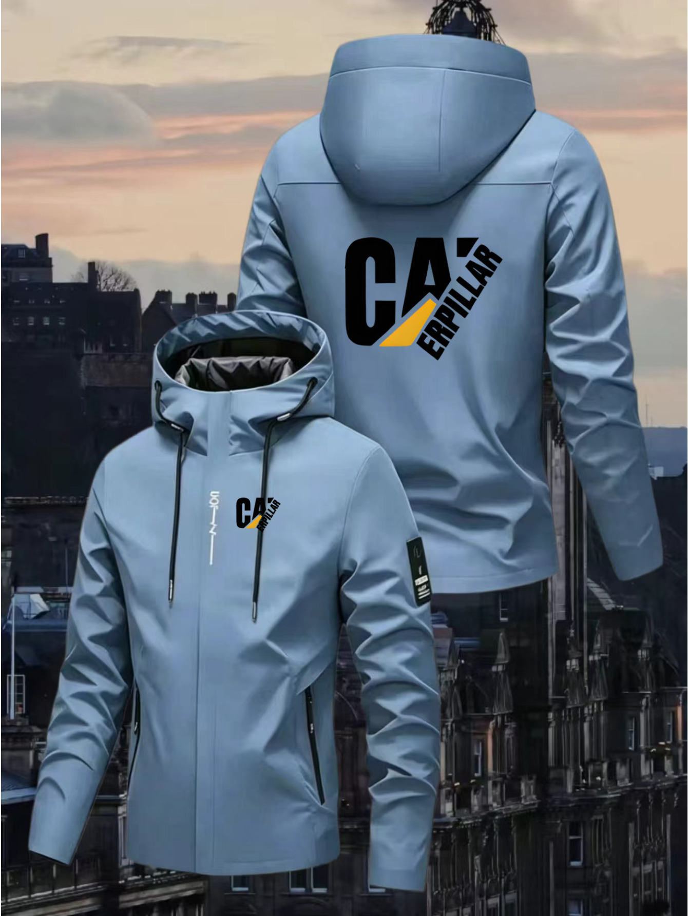 Sporty Hooded Zip-Up Jacket with CAERPILLAR Print, Suitable for Urban Casual Wear in Spring And Autumn. Features an Open-Collar Design, Ideal for Outdoor Activities, Fitness, Home, Work, And Campus Events. Unisex All-Season Windproof Hooded Jacket