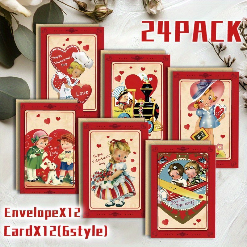 

24-pack Vintage Valentine's Day Greeting Cards With Envelopes, Mixed Blank Cards , Family, Christmas & New Year Gifts, Pop Theme, Floor Mount, Paper Material, Red & Mixed Colors