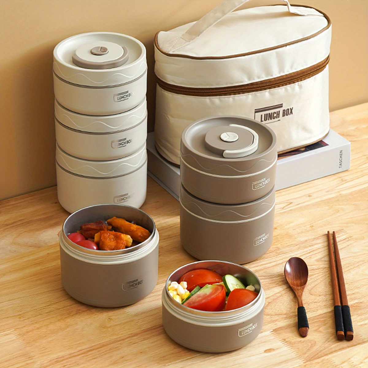 6pcs set 304L stainless steel insulated lunch box with storage bag and cutlery, portable double-layer covered lunch box, office student sealed lunch box,back to school