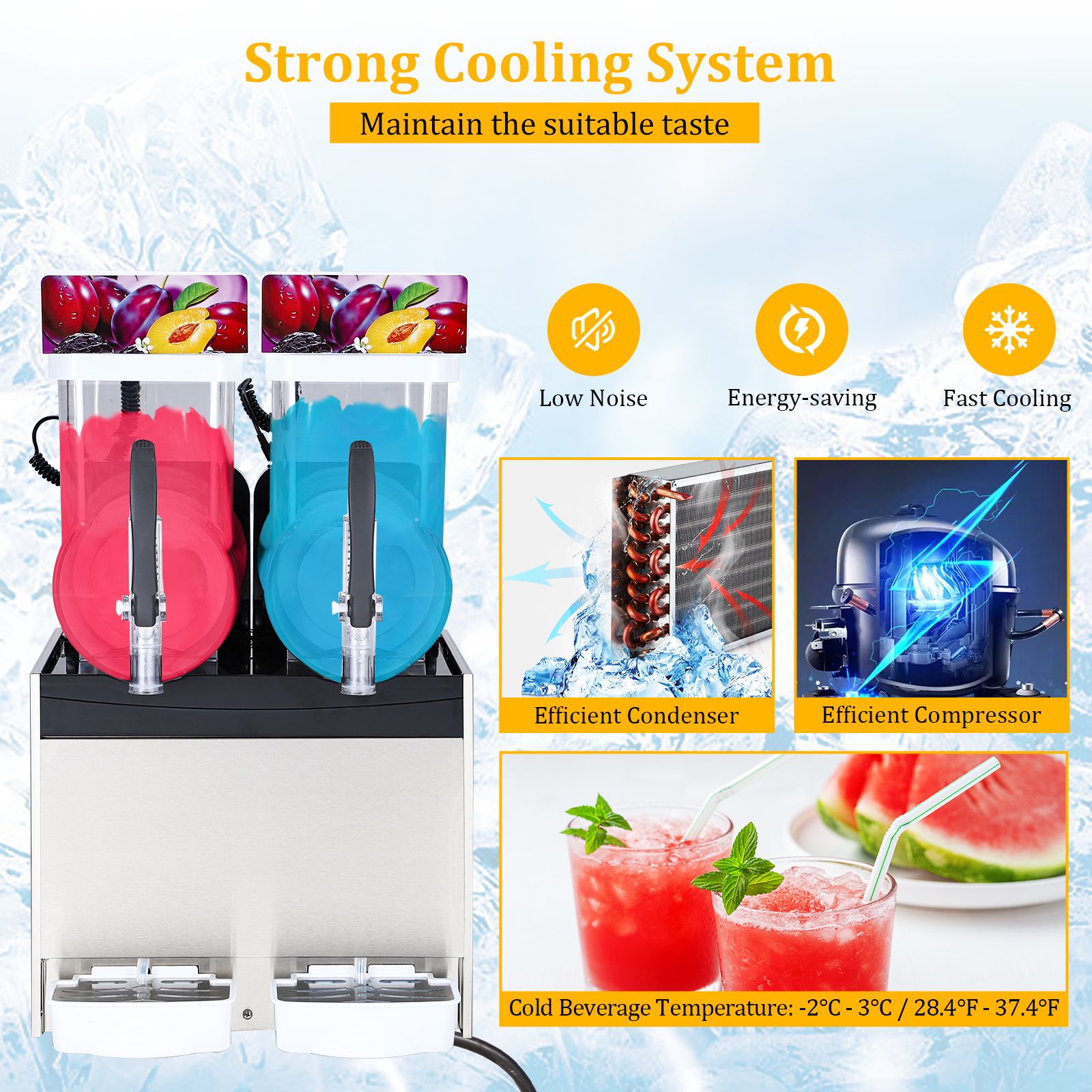 commercial slushy machines with a capacity of 30   or 8 gallons featuring 860 watts of   of stainless steel designed for making   drinks and margaritas   a self cleaning function   cocktails restaurants Product details 2