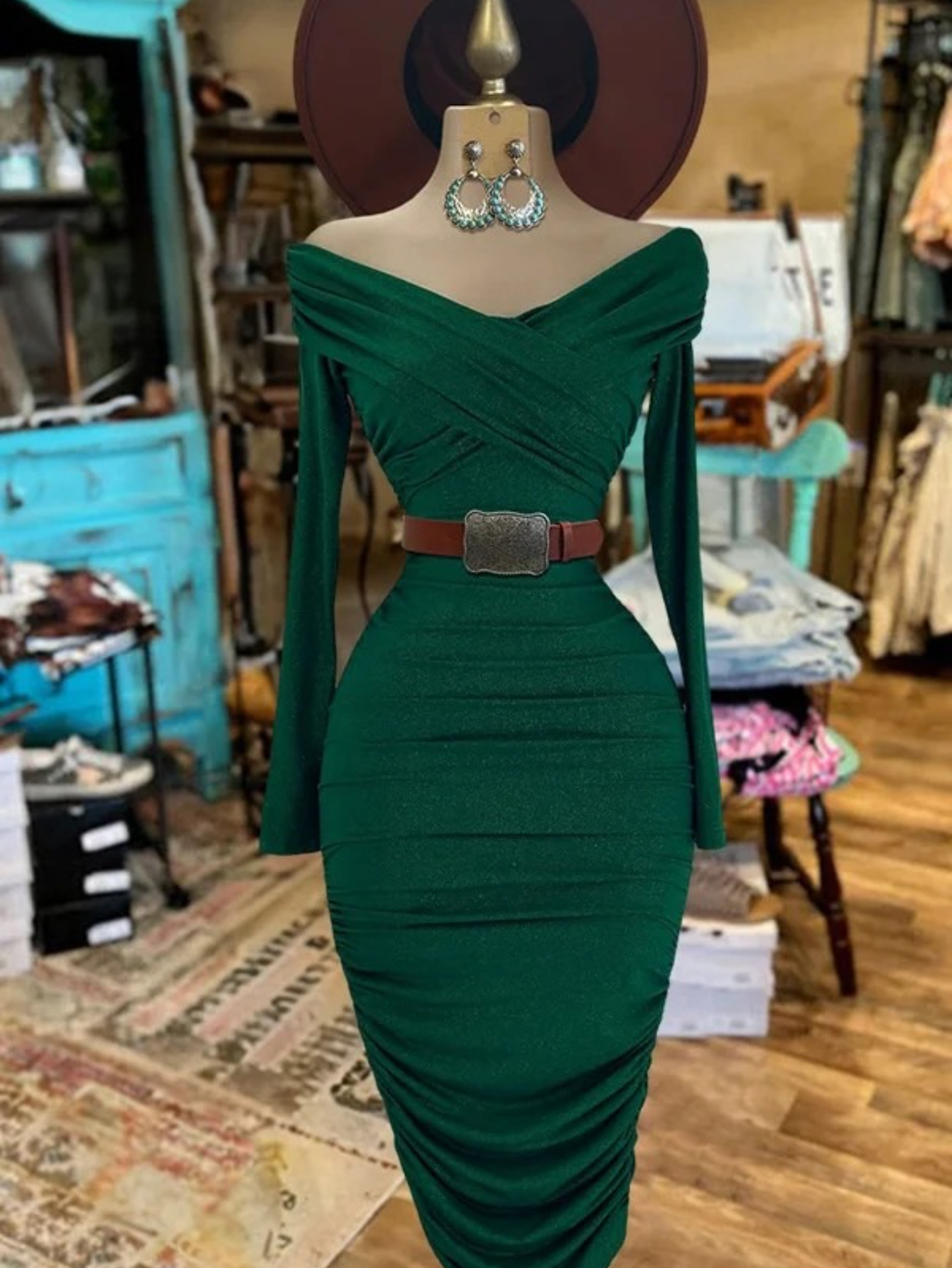 sachin and babi light blue dress Dark Green Ruched Off-The-Shoulder Midi Dress