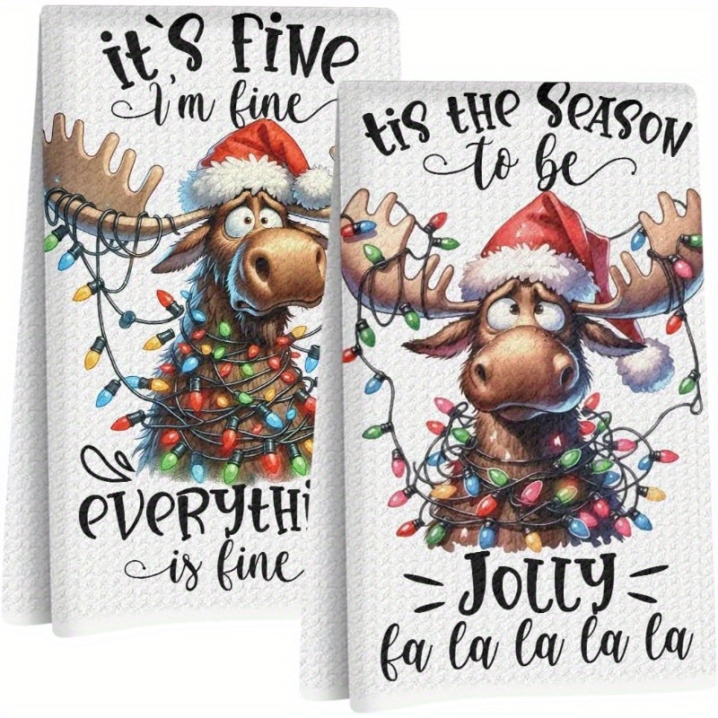 TEMU 2pcs Extra Large Christmas Kitchen Towels - Funny Moose & Deer Decor With "it's Fine" & "" Sayings - Farmhouse Holiday Table Decorations -