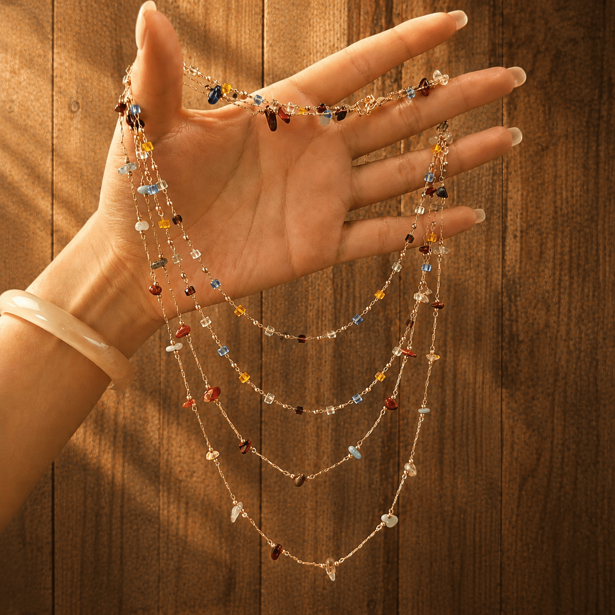 TEMU Set Of 2 Women's Exquisite And Versatile Irregularly Shaped Colored Stone Stacked Necklaces, Bohemian Style Adjustable Chain Clavicle