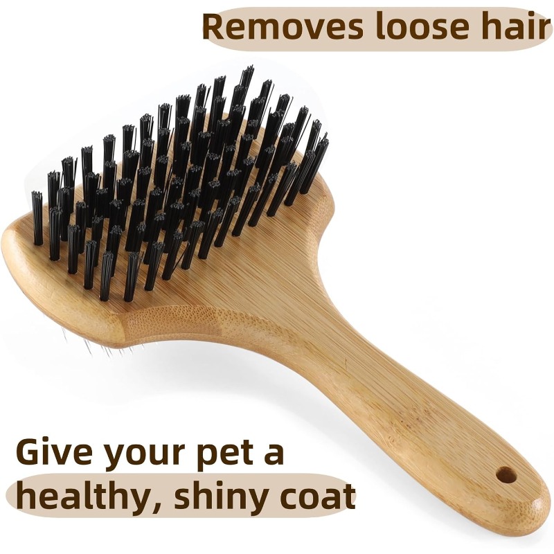 double-sided   grooming   handle & stainless steel detangling system - 2-in-1   brush for long/short hair, reduces shedding, removes  , promotes   -   for large breeds,  , british shorthair cats - heavy-duty metal & bamboo construction, ideal for   sizes - dual-sided brush for detangling & coat   & blood flow, pet grooming kit, bristle brush for dog, dog scrub brush, dog grooming accessories, Product details 4