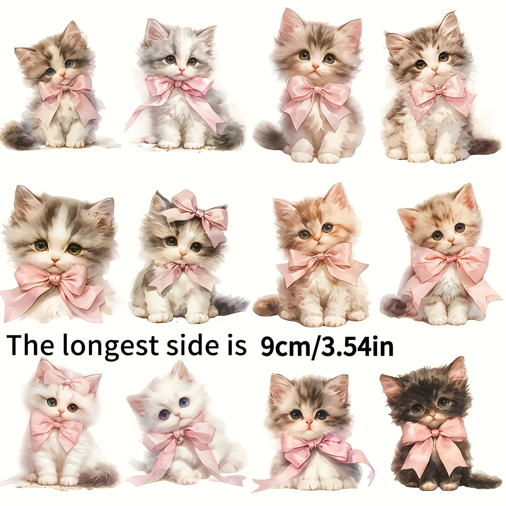 TEMU Lot de 12 pièces de patchs thermocollants série Chat aquarelle avec nœud rose - 2D - Mini thermocollants en vinyle de petite taille à faire