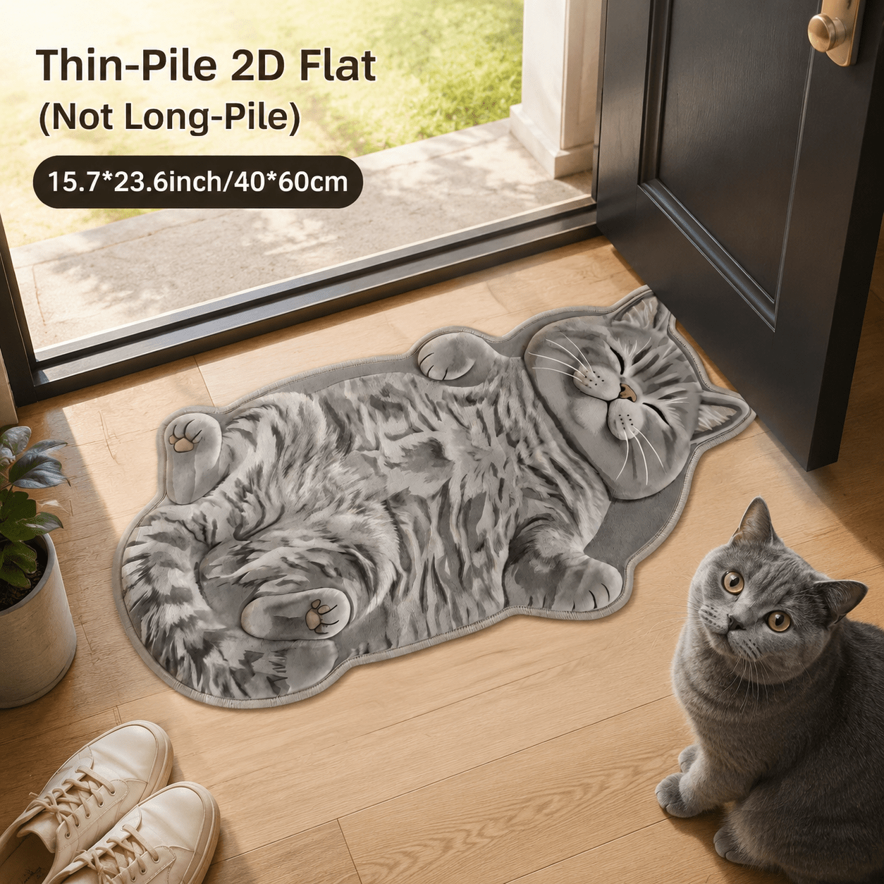TEMU 1 tapis de bain antidérapant en velours 850G/M² 7Mm, peluche courte imprimée 2D, pile courte, tapis irrégulier chat tigré " au lit", de chat de