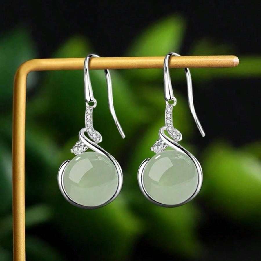 TEMU 1 Pair Of 925 925 Silver Plated-plated Classic Retro Style Imitation Jade Earrings, Of And Light Luxury.
