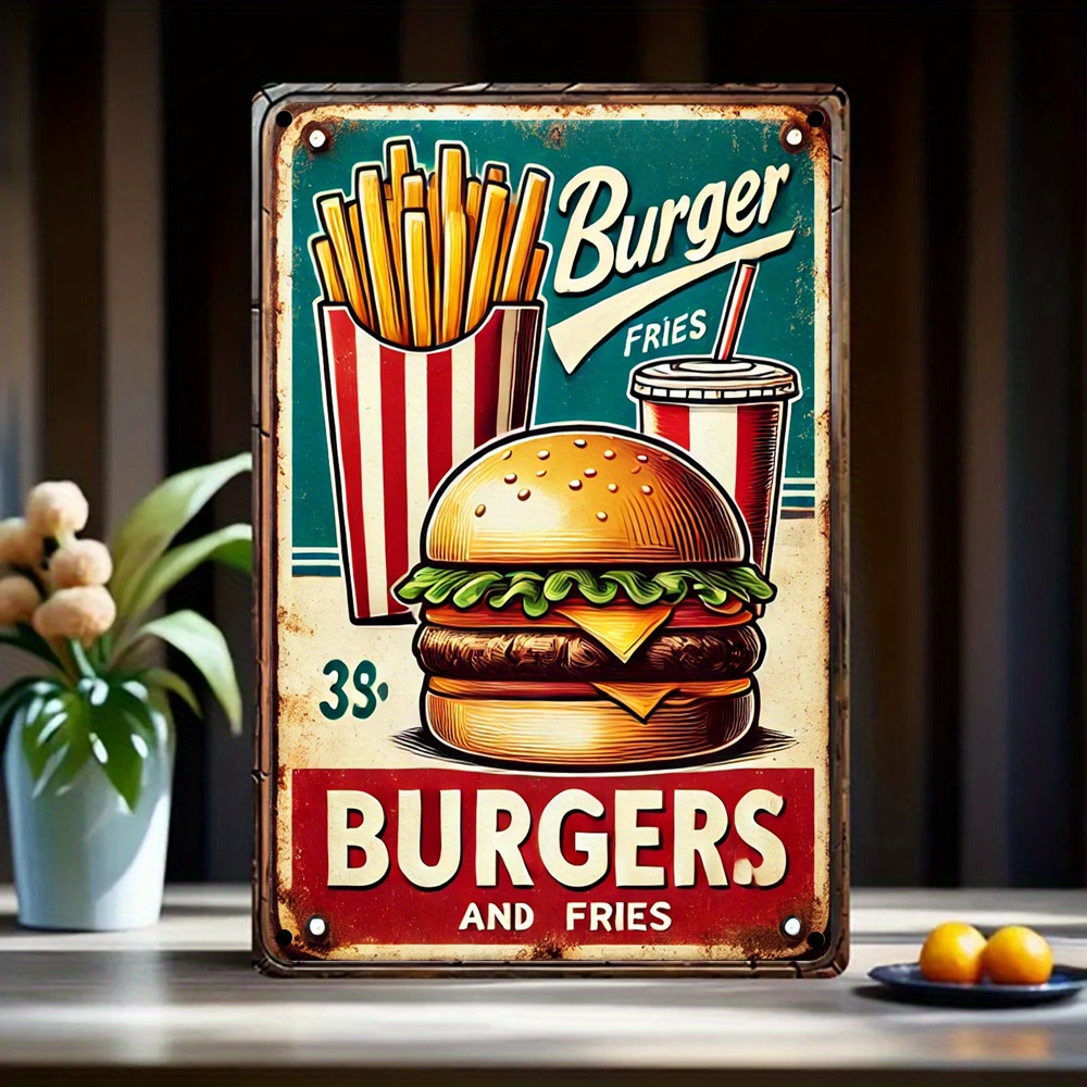 TEMU 1pc Vintage Metal Tin Sign " And Fries" Wall Art - 20.32x30.48cm Diner Decor With Pre-drilled Holes, No Electricity Needed For Home, Restaurant,