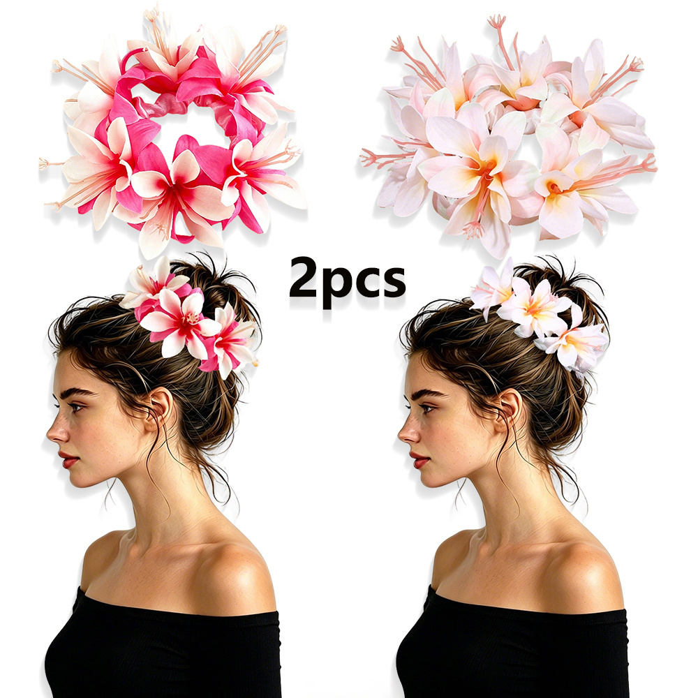TEMU 2pcs Automne Hawaiian Chouchou Cheveux Fleur de Plumeria, Bandeau Cheveux Élastique Floral en Tissu , Support de Queue de Cheval Frangipani