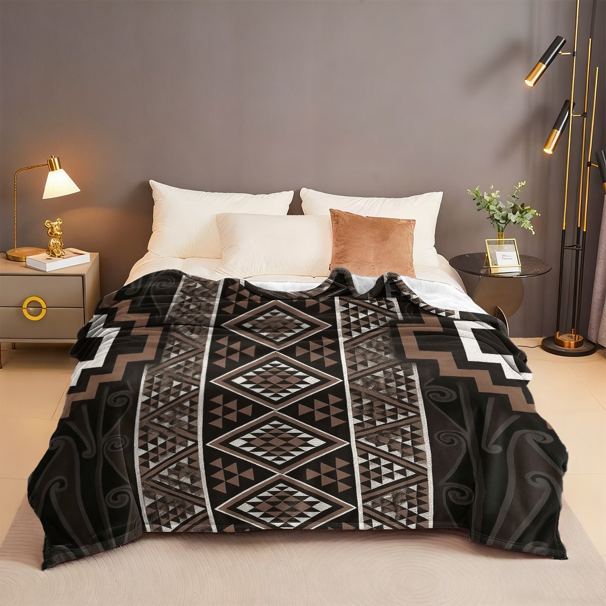 TEMU 1pc Maori Tribal Print Blanket Soft Flannel Bedspread With Contemporary New Zealand Tribal Patterns, All- Couch Bed Cover, Cultural In Tan For