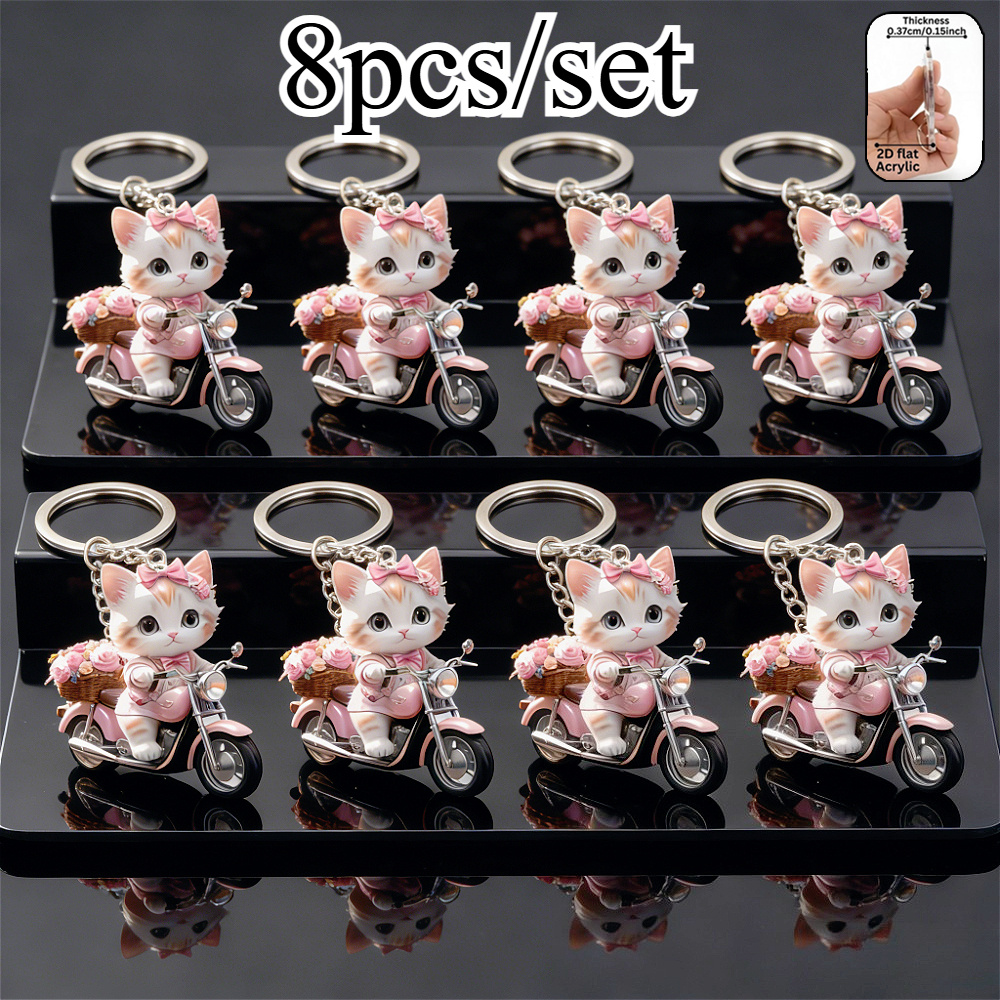TEMU Set di 8 portachiavi gattino in stile 2D piatto, ciondolo portachiavi gatto su moto, ornamento gatto in peluche, unisex, portachiavi per ,