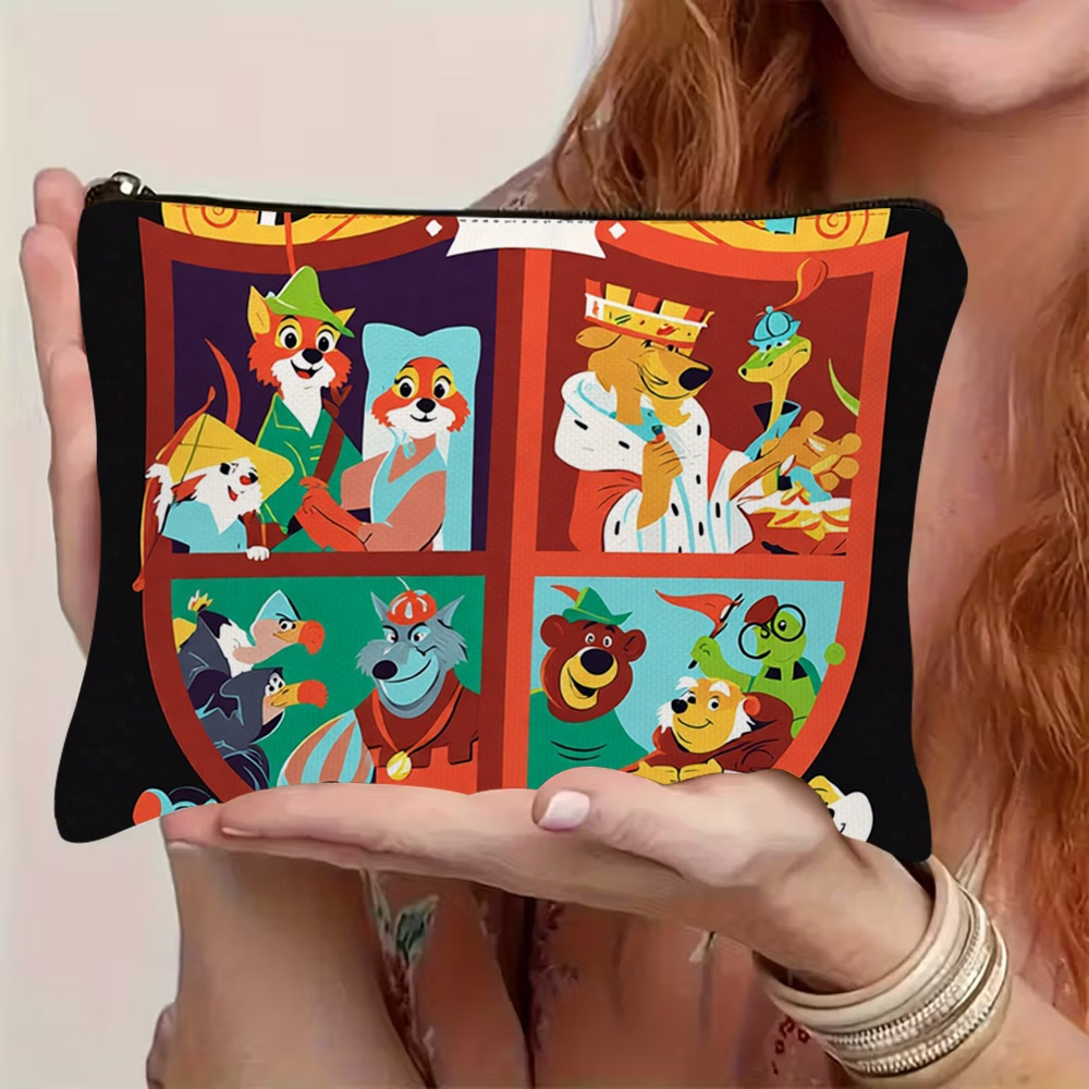 TEMU 1pc 2d Flat-printed Cartoon Themed Cosmetic Bag, Durable Polyester With Zipper Closure, Double-sided Vibrant Animated Animal Character Print