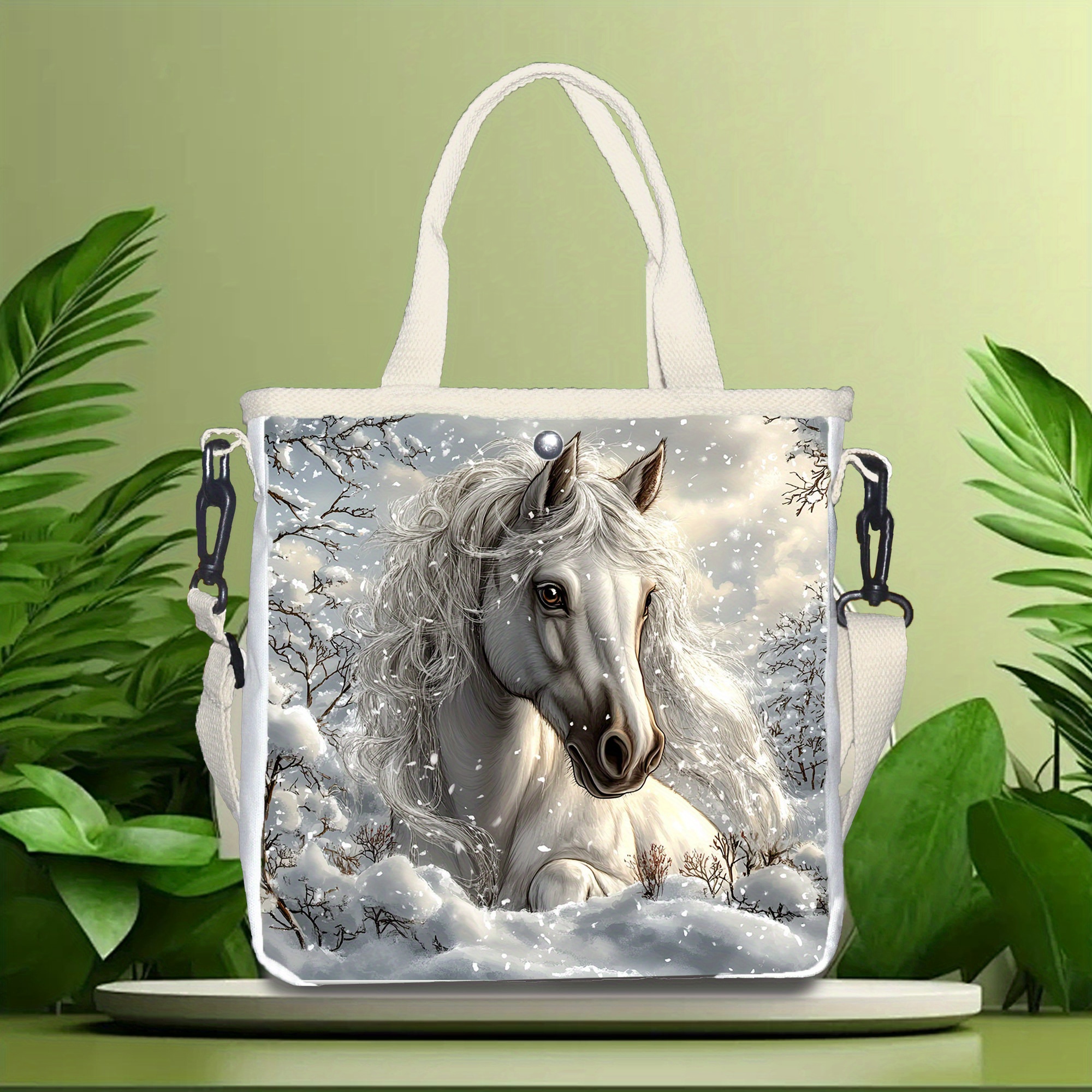 

Elegant Snow Horse Canvas Tote Bag - Chic White Shoulder & Crossbody With Adjustable Metal Snap Strap, Detachable, Foldable Design For Casual