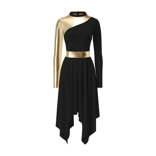 2d flat womens stylish ballerina performance gown long sleeve pointe collar dance attire featuring a golden accent collar metallic a hem ballet wedding ensemble high quality fabric performances no