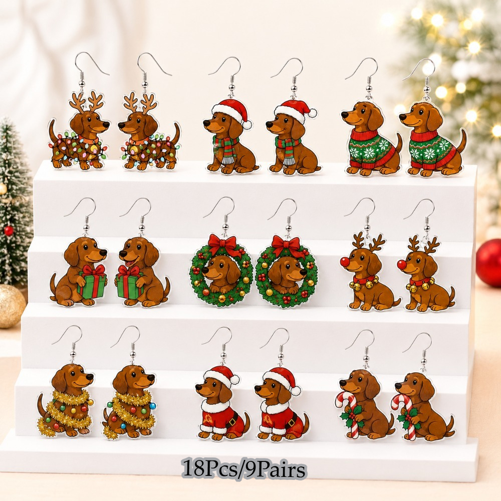 TEMU Parure de 18 pièces/9 paires de boucles d'oreilles pendantes en acrylique mignonnes et vives avec et teckels, boucles d'oreilles pendentifs pour