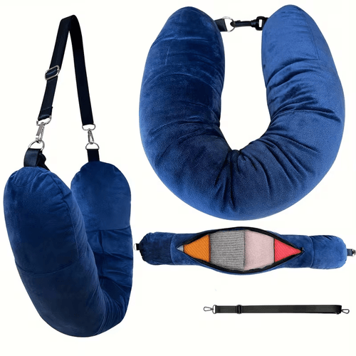 a u shaped pillow that filled with clothes easy to carry essential for flying and daily use travel picnics and