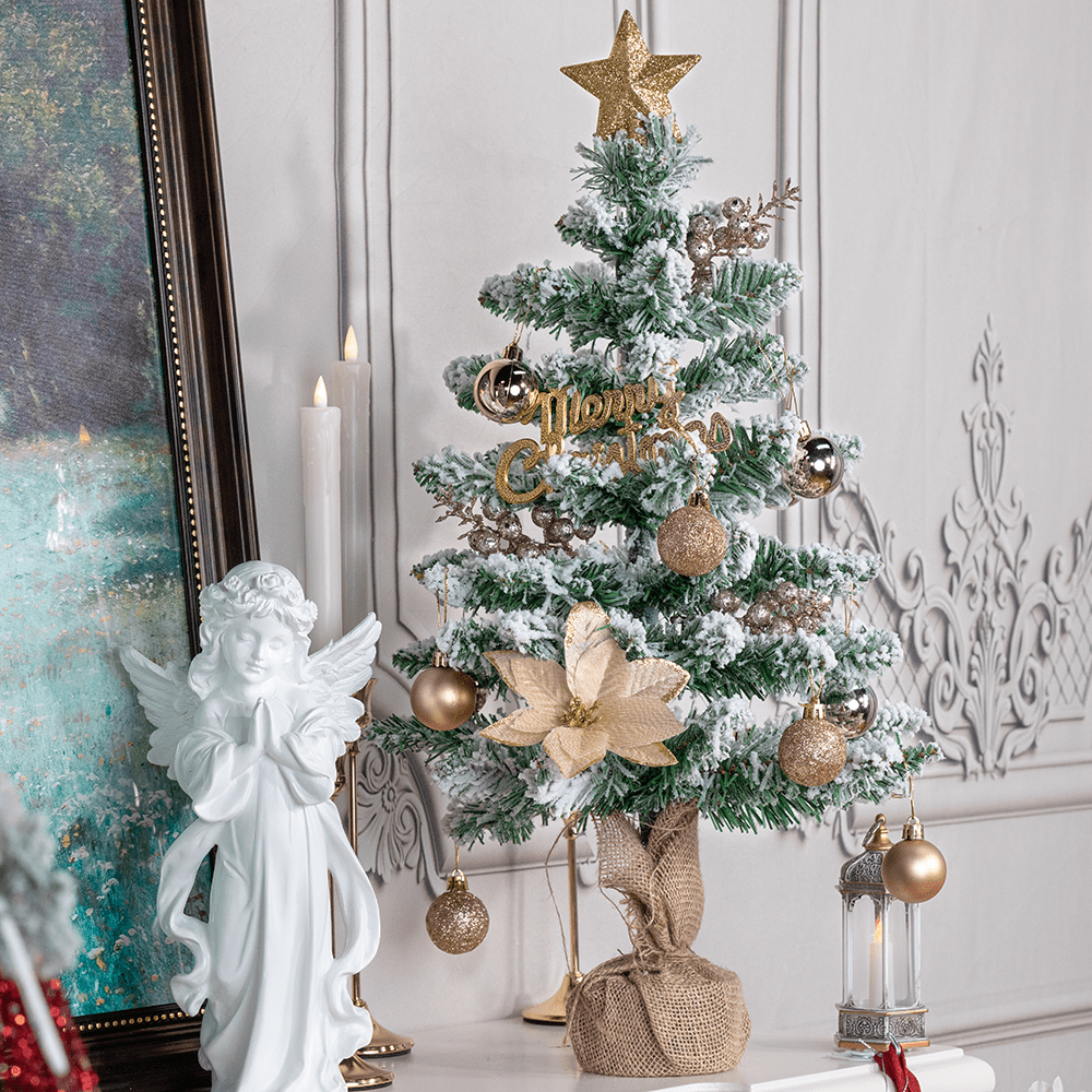 23.62inch Artificial Flocked Christmas Tree with Golden Ornaments, Star Topper & White Garland - Pre-Decorated Full Tree with Flocked Branches, Plastic Base for / Holiday Tabletop, Corner, Mantel - Easy Setup (No)