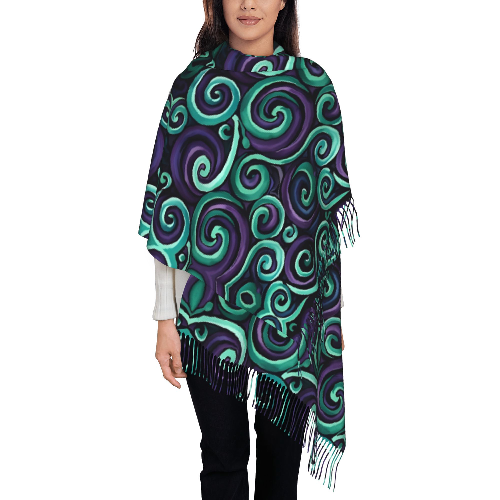 TEMU Unisex Retro Paua Print Koru Scarf Shawl - Warm Fringed Edges, Cultural Gift Suitable For Cycling, Birthdays, Christmas & Outdoor Events