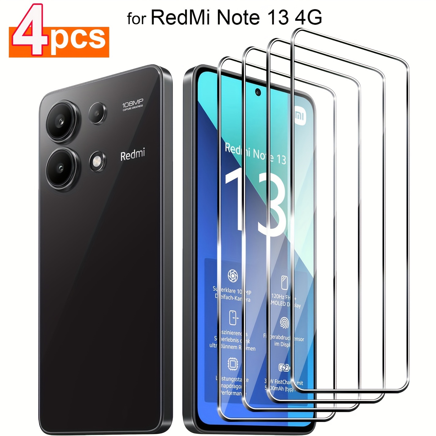 E-shop (4er-Pack) High-Definition Handy Displayschutzfolien, passend für Xiaomi Redmi 13 Note 13 4G Pro 5G Panzerglas Film Set, Ultra-Klar