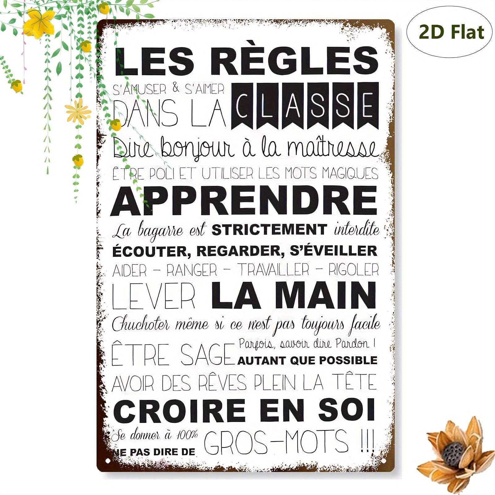 TEMU 2d Flat - A Vintage French Classroom Rules Wooden Sign In 2d, Bilingual In English/french, Measuring 8x12 Inches, Suitable For Home Decor,