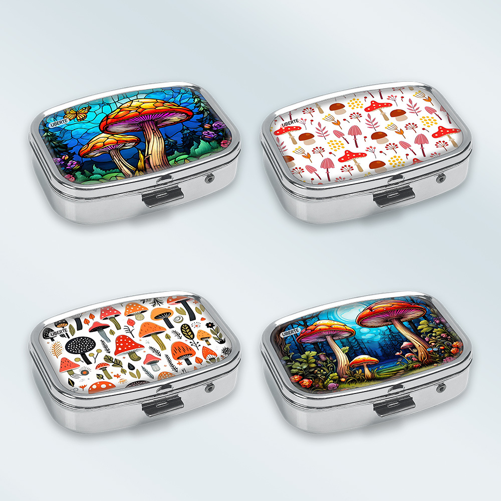 TEMU 4pcs Theme Metal Pill Box, Mushroom Pattern Storage Box, Double Compartment Convenient Decorative Box, And Jewelry Storage Box, Suitable For