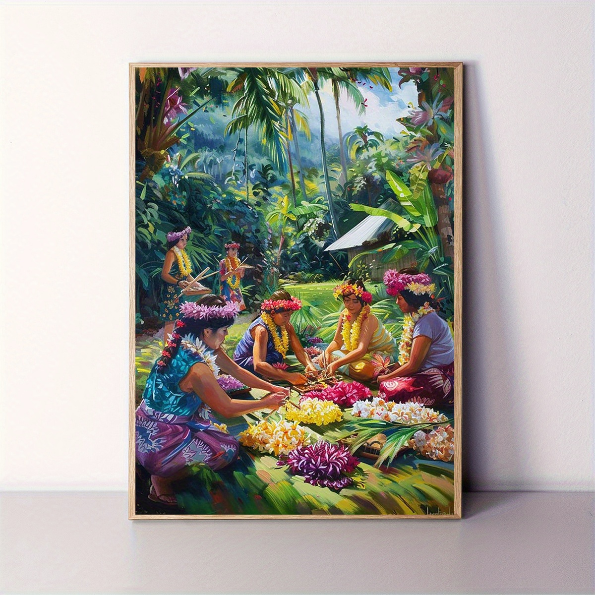 TEMU 1pc 12x16 Inch Hawaiian Lei Making Art Print - Traditional Hawaiian Lei & Sugar Cane Tropical Wall Picture, Frameless Canvas Poster Suitable For