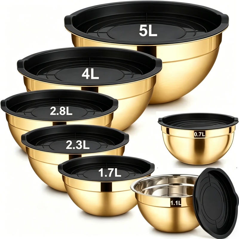 TEMU 14pcs ( 7pcs Mixing Bowl + 7pcs Lid) Golden Mixing Bowls With Lids- Stainless Steel Nesting Salad Bowls For Baking, Prepping, Cooking & Serving,