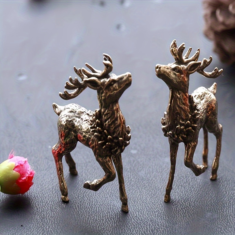 TEMU 2pcs Deer Statue Set - Heavy-detailed Realistic Deer Sculptures, / Brass Animal Statues For Office Decor, Elegant Deer Models For Shelf Or