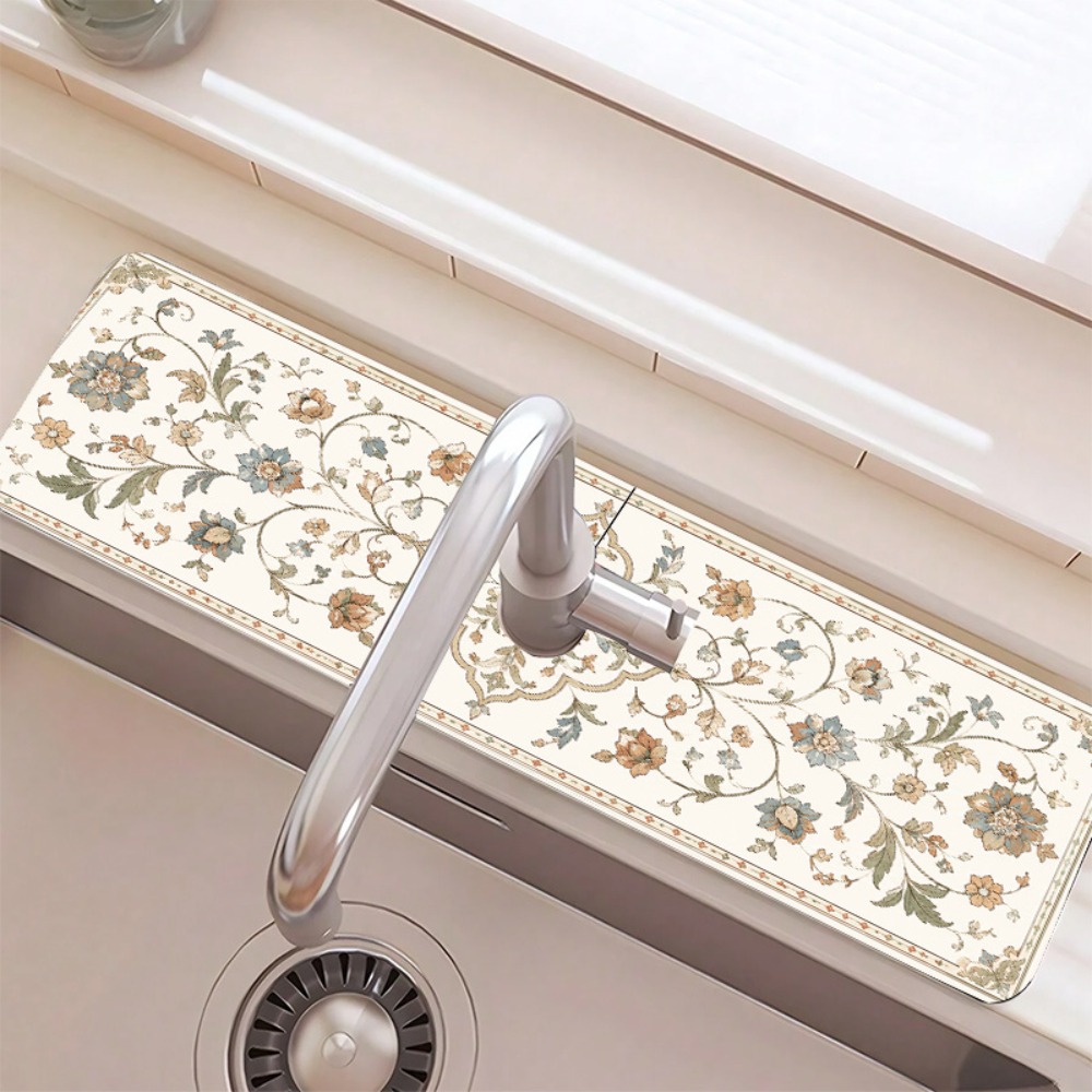 TEMU 1pc Retro European Vine Floral Printed Perforated Faucet Drain Mat, 2d Flat Printing, Suitable For Home Decor Enthusiasts, Home Users, And