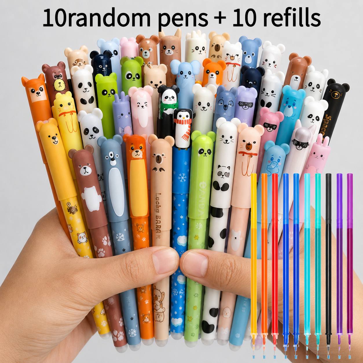 TEMU 20-pack Erasable Animal-themed Gel Pens, Easy-to-erase Design, Includes 10 Pens + 10 Refills, 0.7mm Gel Tip, Random Refill Colors And Styles,