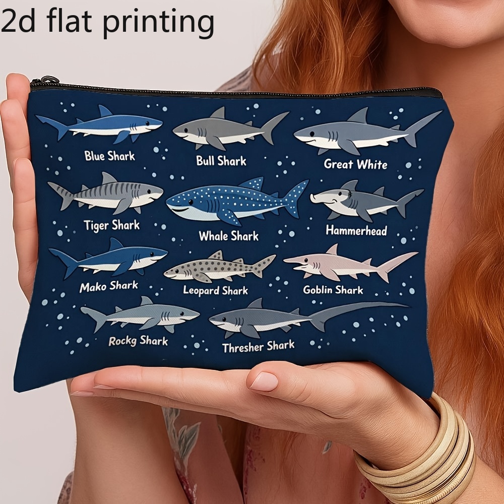 TEMU 2d Flat Print, 1pc Themed Educational Science Minimalist Cosmetic Bag, Cute Zipper Pouch - Shark Ocean Print, Cosmetics And Travel Storage